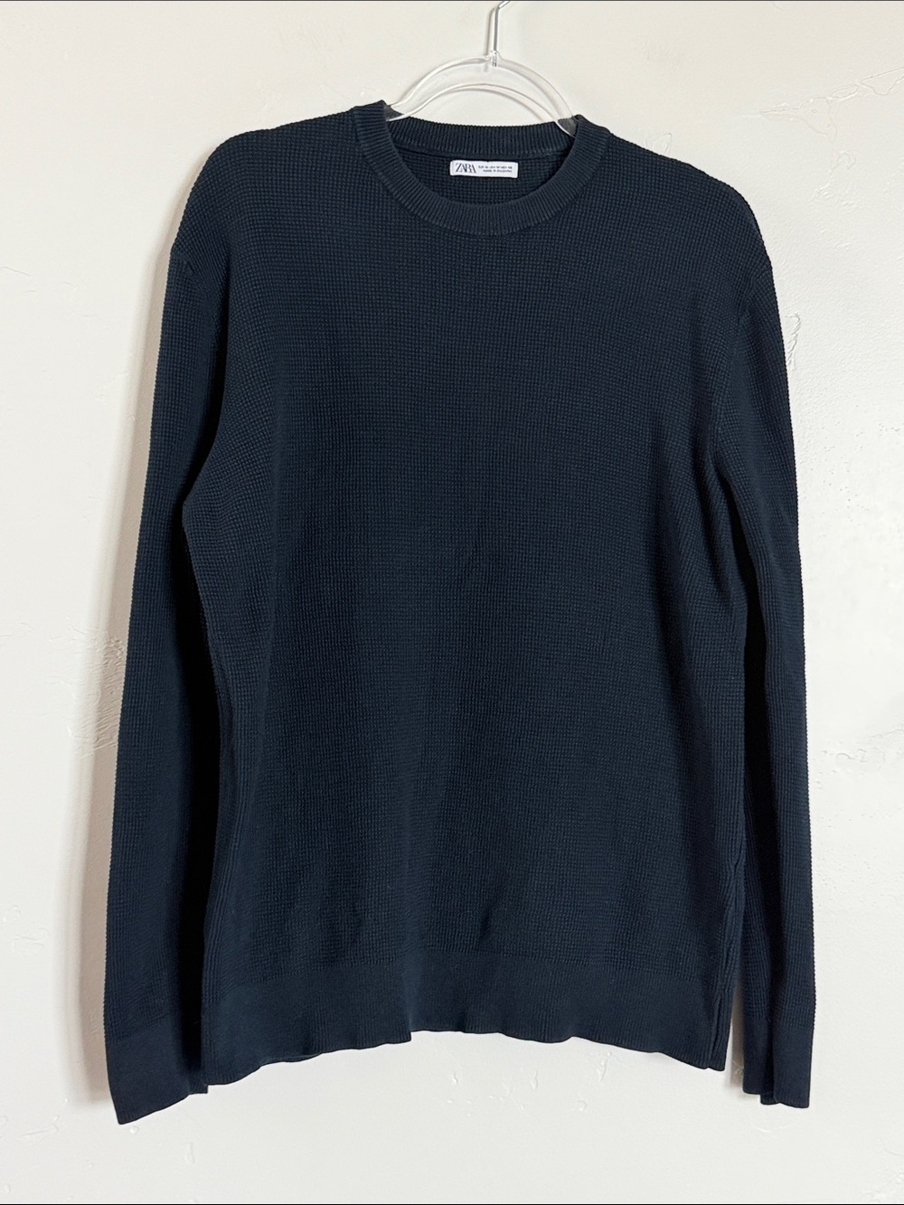 Zara Cotton Men's Dark Navy Crewneck Textured Knit Sweater